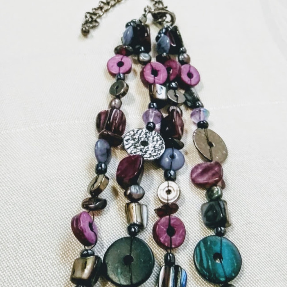 Vintage Boho Purple Blue Silver Tone Double Strand Pendant Necklace - Picture 7 of 7